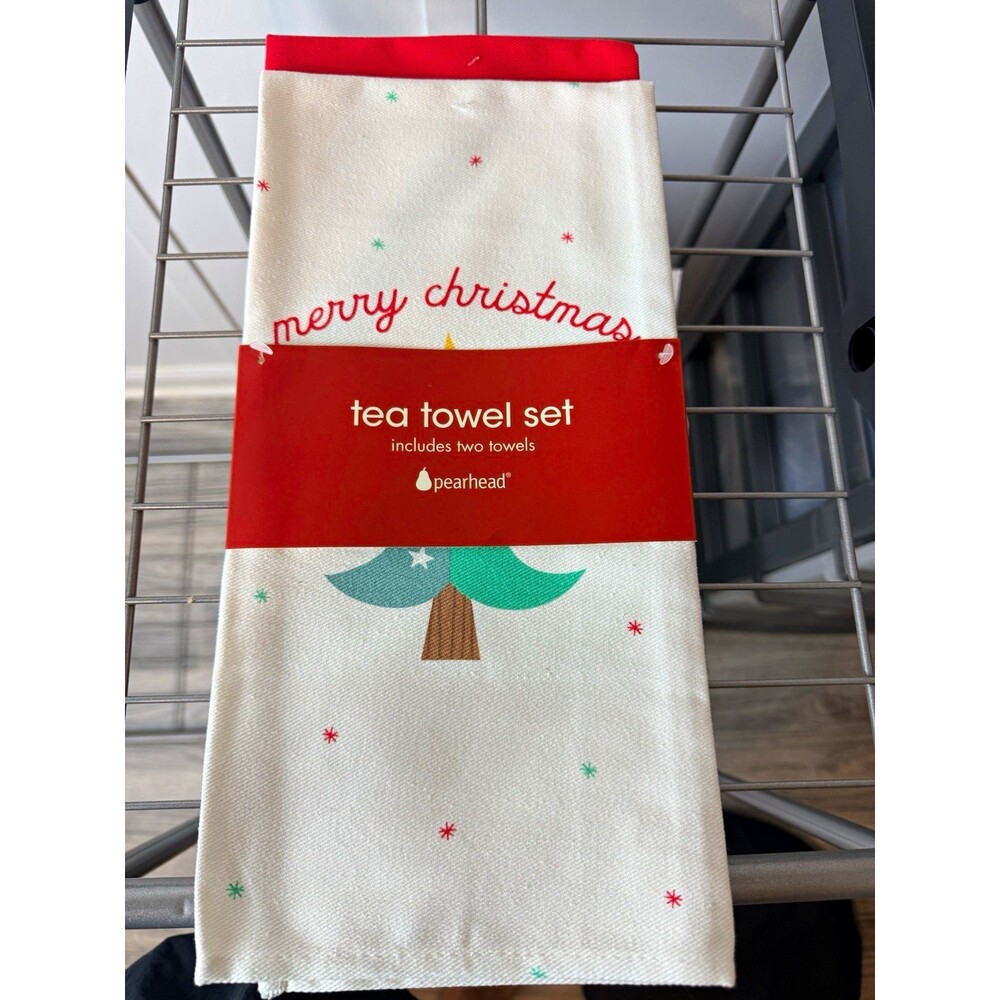 Pearhead 2pc Christmas Tea Towels Set, Red/White/Green 100% Cotton